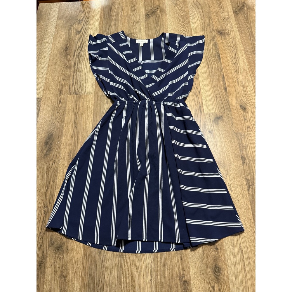 Monteau Dress Womens Size S Navy Blue Fit & Flare Striped Surplice Flutter Slv